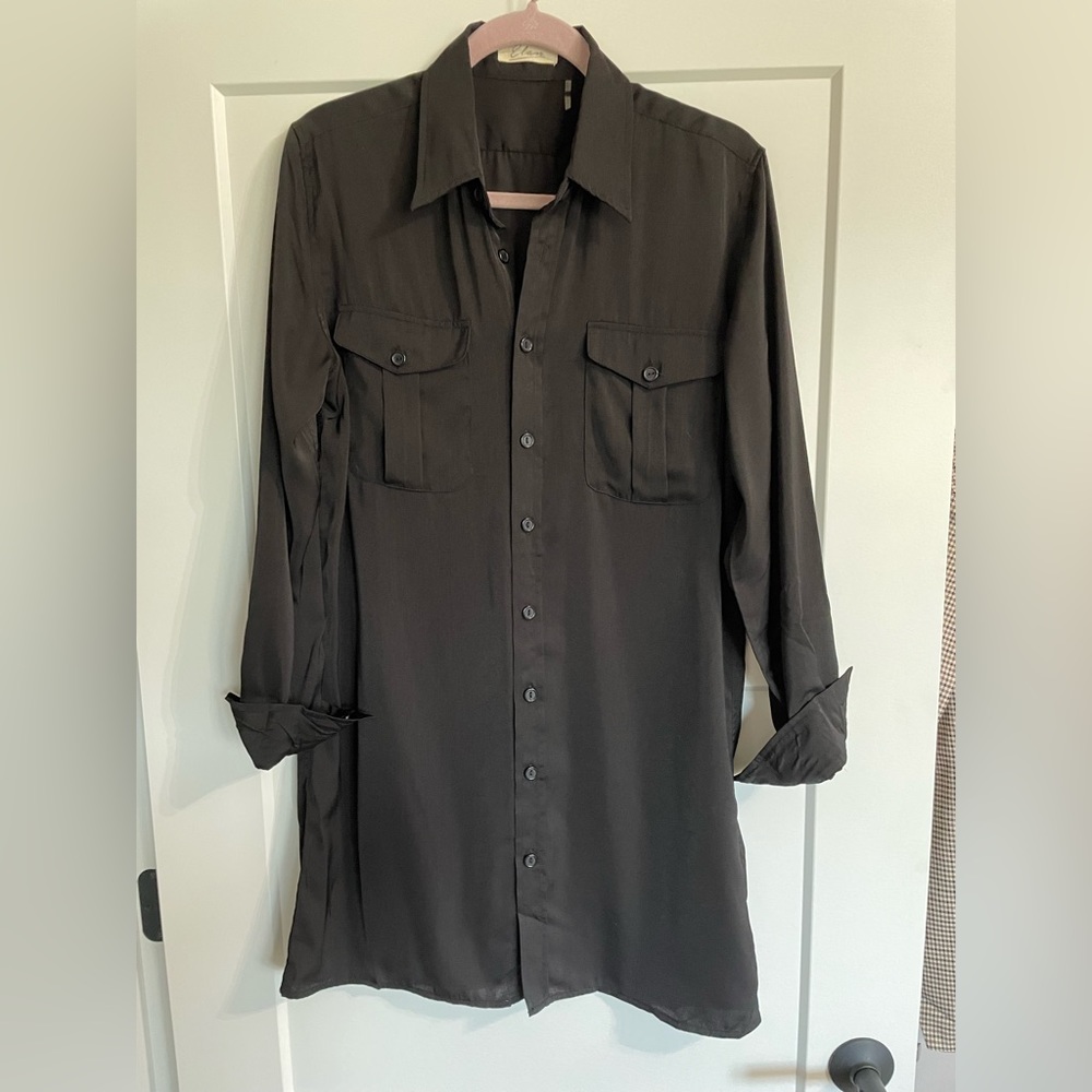 Black silky front button up long sleeve dress